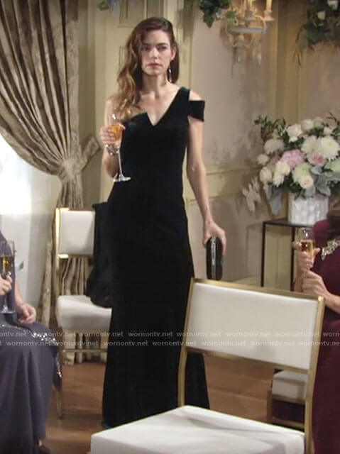 Victoria's one-shoulder velvet gown at Abby's wedding on The Young and the Restless