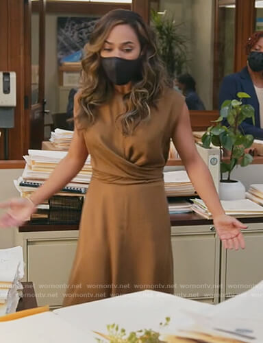 Emily's brown twist front dress on All Rise