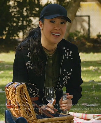 Sherri's black floral jacket and olive blouse on All Rise