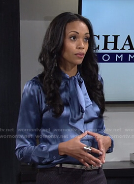Amanda's blue tie neck satin blouse on The Young and the Restless