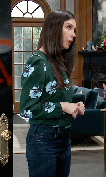 Anna's green floral puff sleeve top on General Hospital