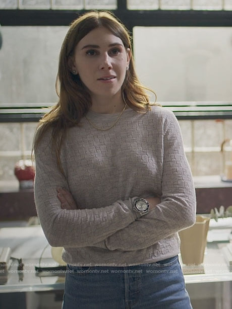Annie's pointelle monogram sweater on The Flight Attendant