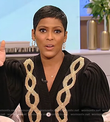 Tamron's black chain embroidered cardigan on Tamron Hall Show