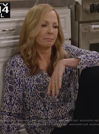 Bonnie's blue ikat print blouse on Mom