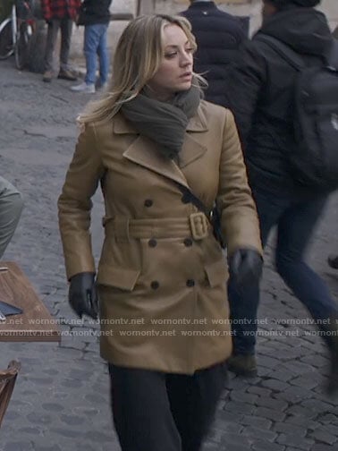 Cassie's leather coat on The Flight Attendant
