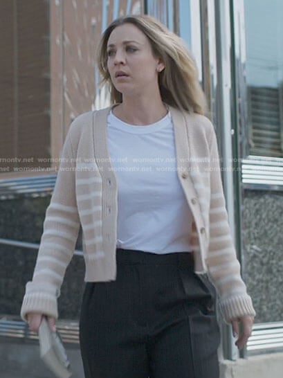 Cassie's beige striped cardigan on The Flight Attendant
