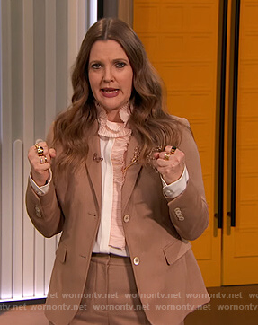 Drew's ruffle front blouse and blazer on The Drew Barrymore Show