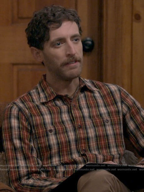 Drew's red and beige plaid shirt on B Positive