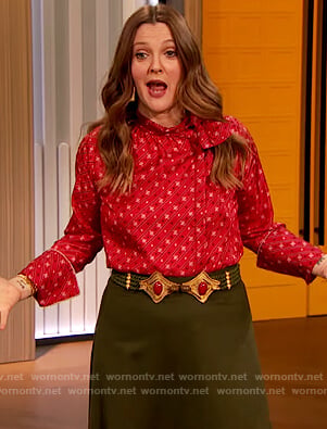 Drew's red printed blouse on The Drew Barrymore Show