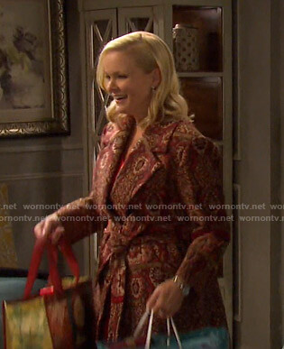 Belle's red embroidered belted coat on Days of our Lives