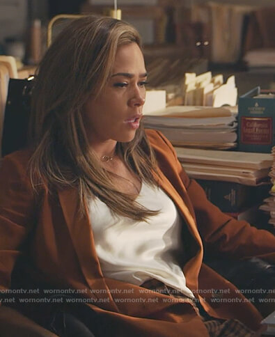 Emily's brown check pants on All Rise