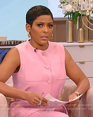 Tamron's pink button down vest on Tamron Hall Show