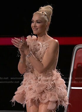 Gwen's pink feather mini dress on The Voice