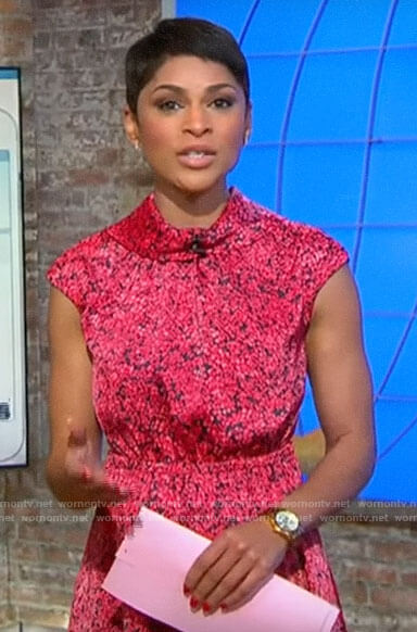 Jericka Duncan's red floral roll neck dress on CBS This Morning