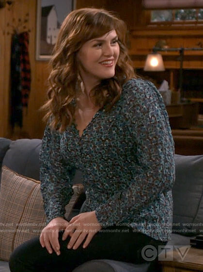 Julia's green floral blouse on B Positive