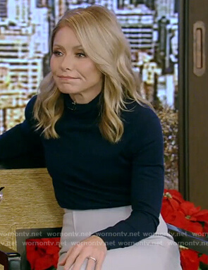Kelly's blue turtleneck sweater and skirt on Live with Kelly and Ryan
