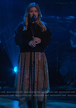 Kelly's patchwork asymmetric skirt on The Kelly Clarkson Show
