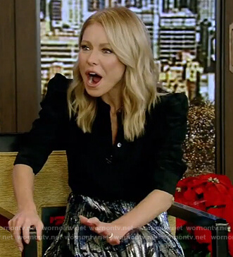 Kelly's black puff shoulder blouse and skirt on Live with Kelly and Ryan