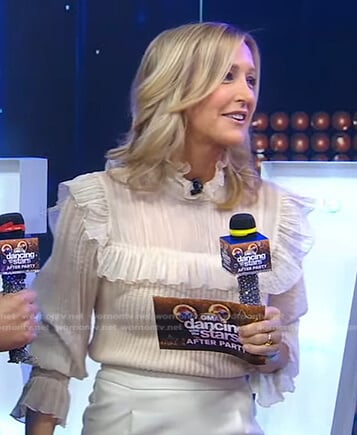 Lara's white ruffle mixed media blouse on Good Morning America