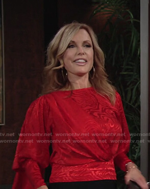 Lauren's red jacquard draped top on The Young and the Restless