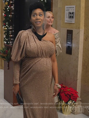 Lola's metallic one shoulder gown on All Rise