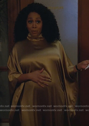Lola's gold satin drape dress on All Rise