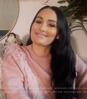 Nikki's pink feather trim sweater on Live with Kelly and Ryan