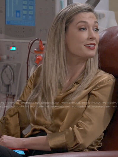 Samantha's gold button down blouse on B Positive