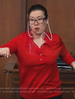 Sherri's red ruffle trim sweater on All Rise