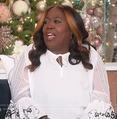Sheryl's white floral embroidered blouse on The Talk