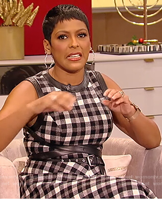 Tamron's black belted plaid dress on Tamron Hall Show