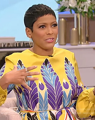 Tamron's yellow printed dress on Tamron Hall Show