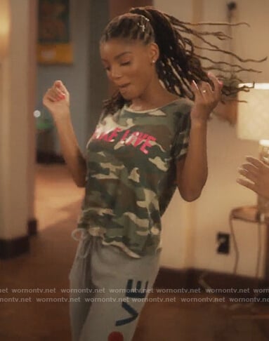 Skylar's camo make love tee on Grown-ish