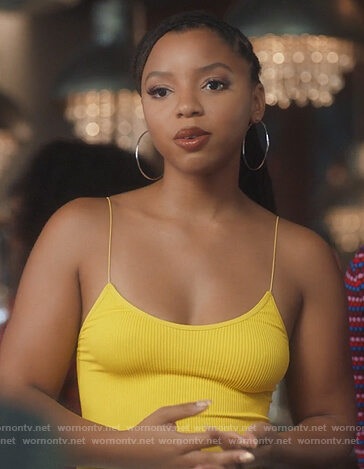 Jazlyn's yellow ribbed bodysuit on Grown-ish