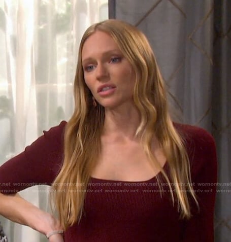 Abigail's burgundy ribbed pleated midi dress on Days of our Lives
