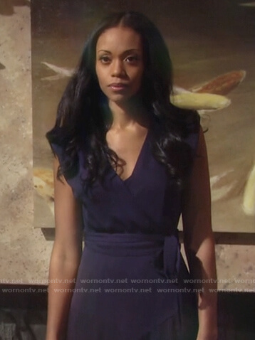 Amanda's purple wrap dress on The Young and the Restless
