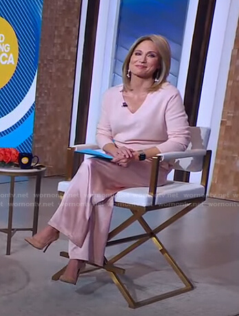 Amy's pink sweater and satin pants on Good Morning America