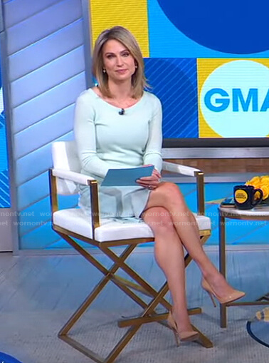 Amy's mint green sweater and skirt on Good Morning America