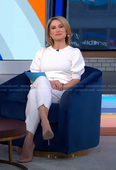 Amy's white puff sleeve sweater and belted pants on Good Morning America