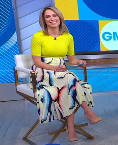 Amy's yellow top and abstract print skirt on Good Morning America