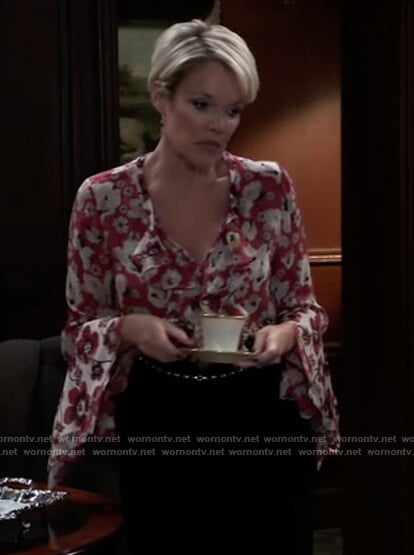 Ava's red floral ruffle blouse on General Hospital