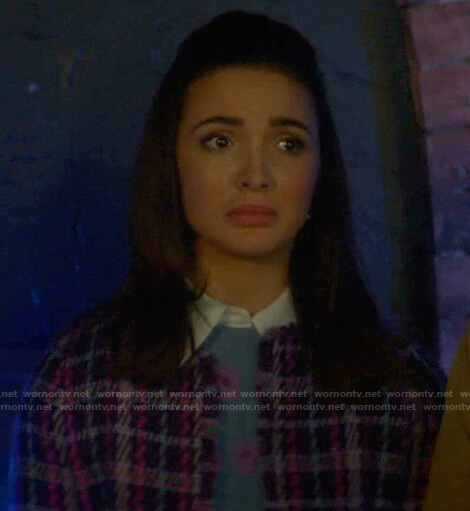 Bess's floral sweater and plaid tweed jacket on Nancy Drew