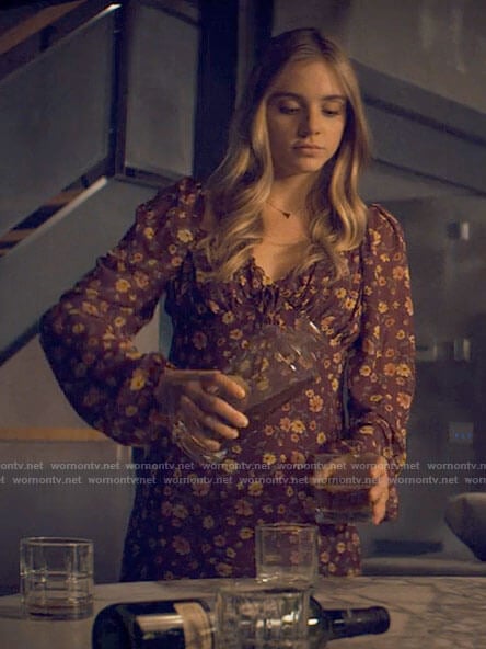 Bette's burgundy floral long sleeved mini dress on Tiny Pretty Things
