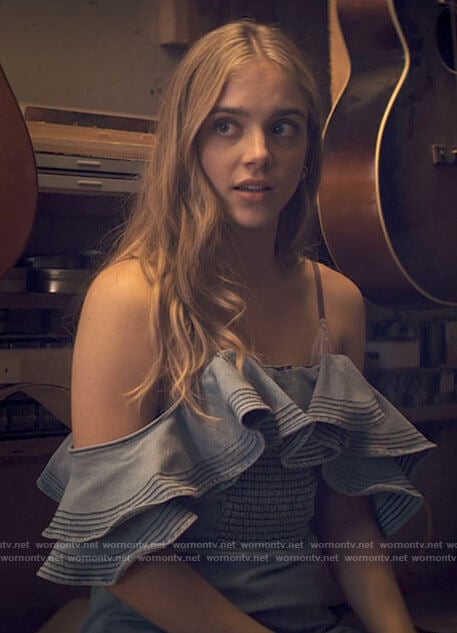 Bette's ruffled denim off-shoulder dress on Tiny Pretty Things