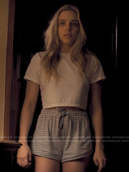 Bette's grey striped pajama shorts on Tiny Pretty Things
