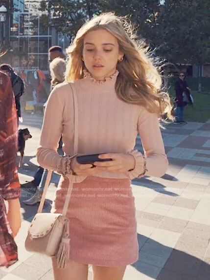 Bette's pink corduroy skirt and ruffle trim top on Tiny Pretty Things