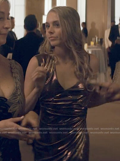 Bette's metallic gold asymmetric strap dress on Tiny Pretty Things