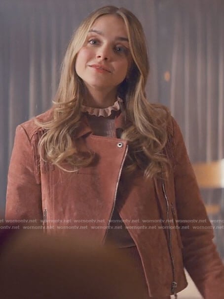 Bette's pink fringed suede moto jacket on Tiny Pretty Things