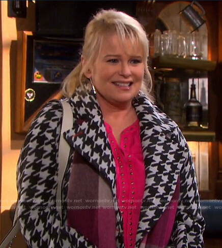 Bonnie's pink studded blouse and houndstooth coat on Days of our Lives