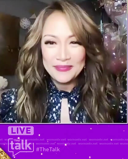 Carrie's blue metallic keyhole dress on The Talk